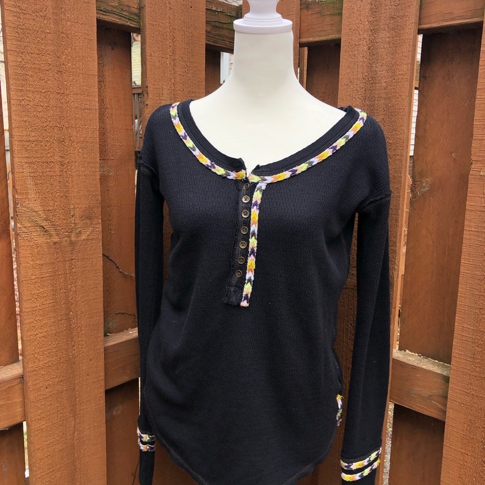 Free People Black embroidered ribbed Henley thermal top buttons boho western